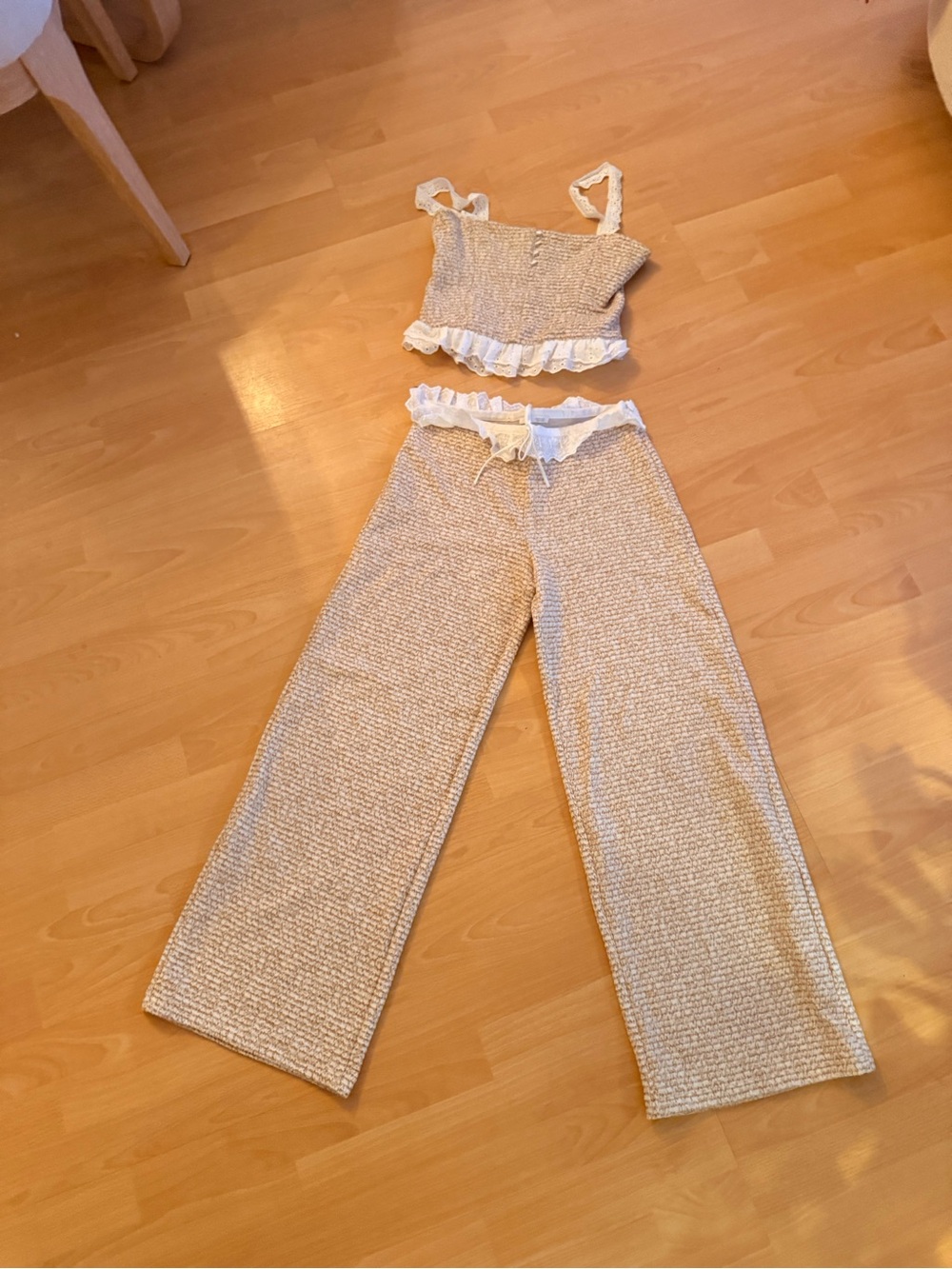 Zara Cream Ruffle-Trim Wide Leg Knit Pants Set